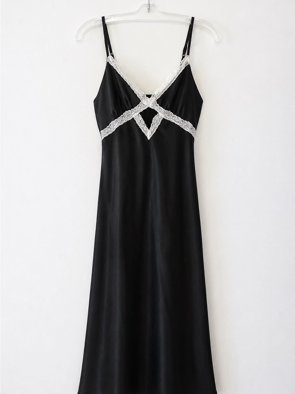 Black Satin Lace Slip Dress Maxi Midi Goth Romantic Y2K - Picture 2 of 5